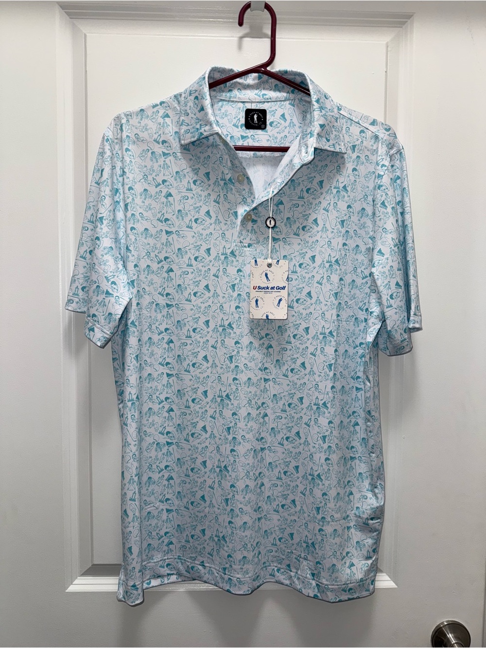 NWT U Suck At Golf Happy Place Polo Teal Size Medium